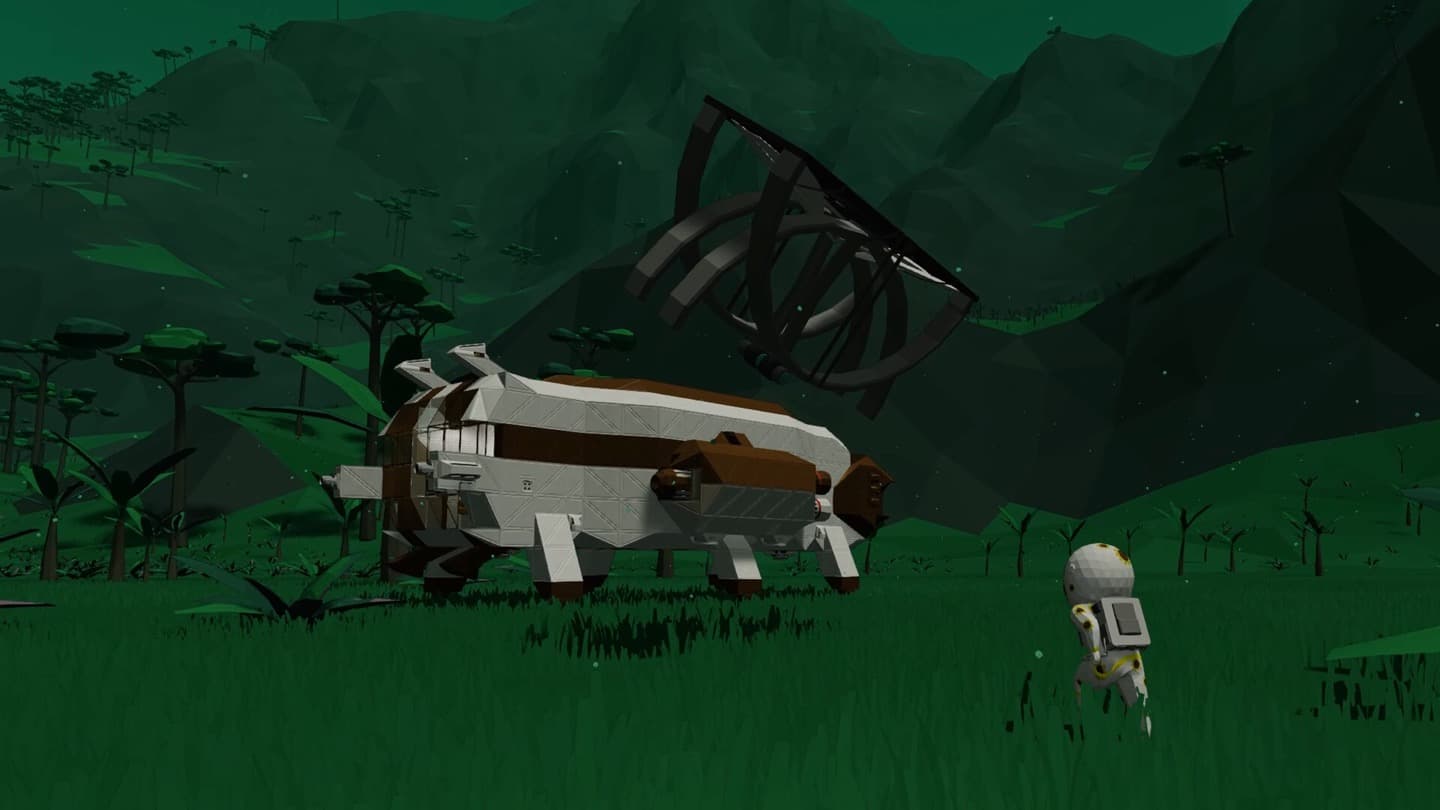 Official screenshot of a modular ship landed on an alien planet.