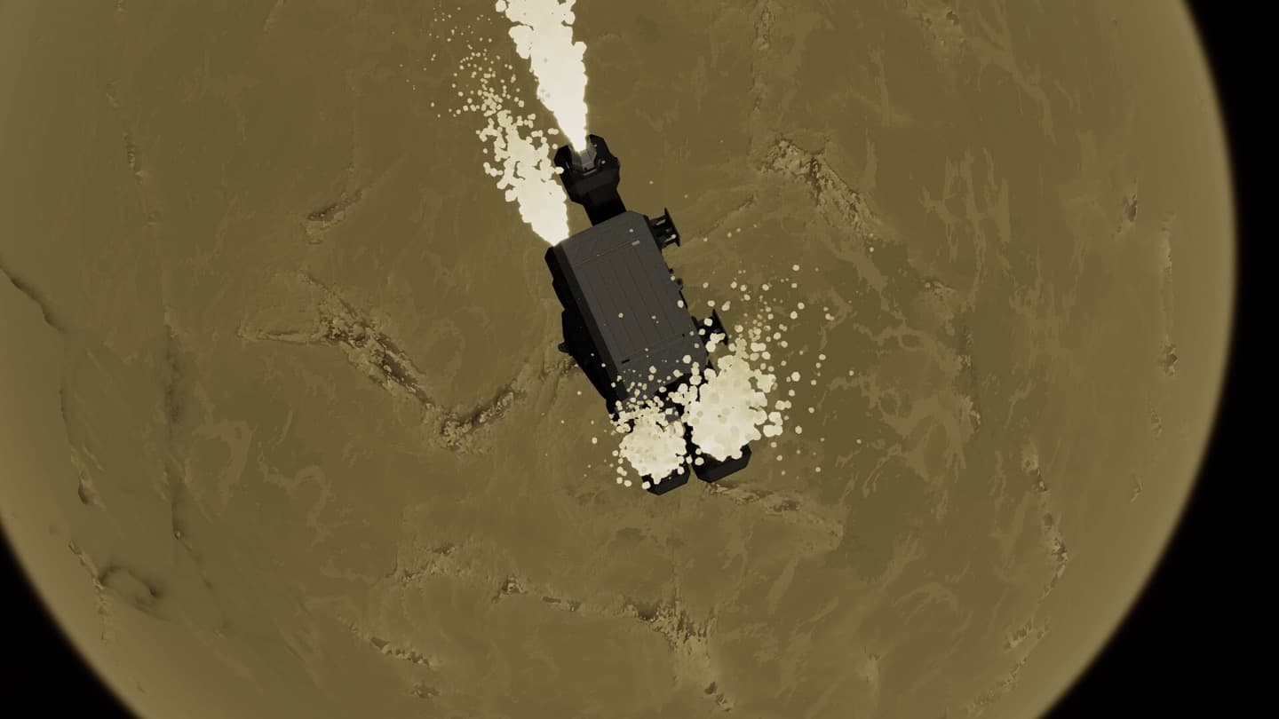 Official Approximately Up screenshot looking down at a spacecraft firing multiple thrusters over a planet.